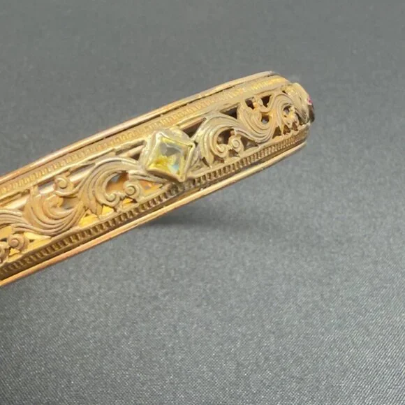 Vintage Filigree Gold and Glass Gem Bangle Bracelet Signed PB&R - Picture 7 of 9